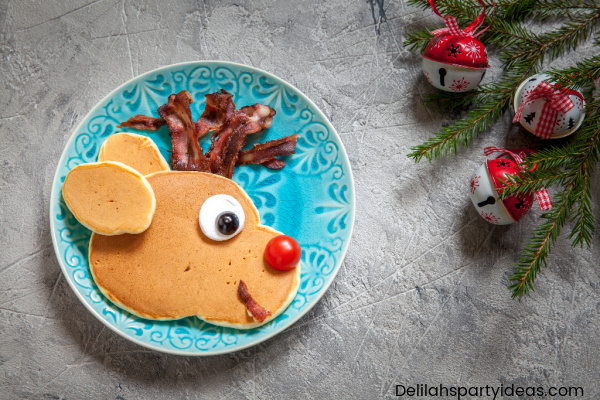 Christmas fun food for kids. Rudolph reindeer pancake for breakfast