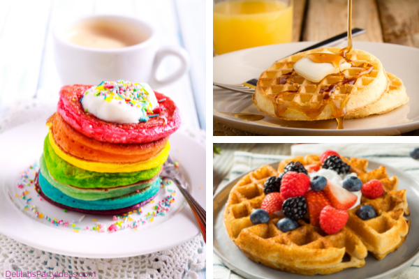 Rainbow pancakes and breakfast waffles