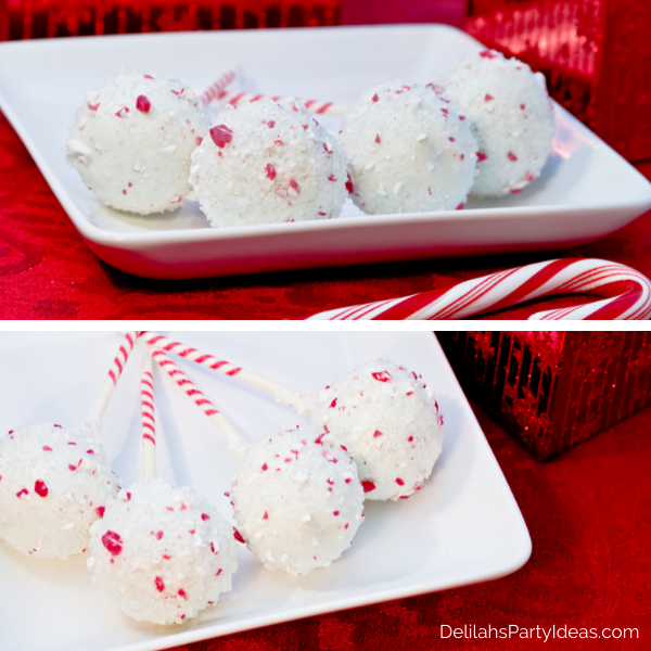 Candy Cane Cake pops on red and white popsicle sticks. They have white icing and crushed up candy canes