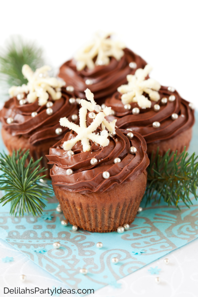 4 Chocolate Christmas Cupcakes on a blue plate