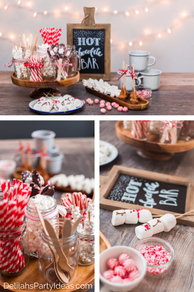 Collage of Hot chocolate stations with ingredients, Marshmallows, chalk board sign
