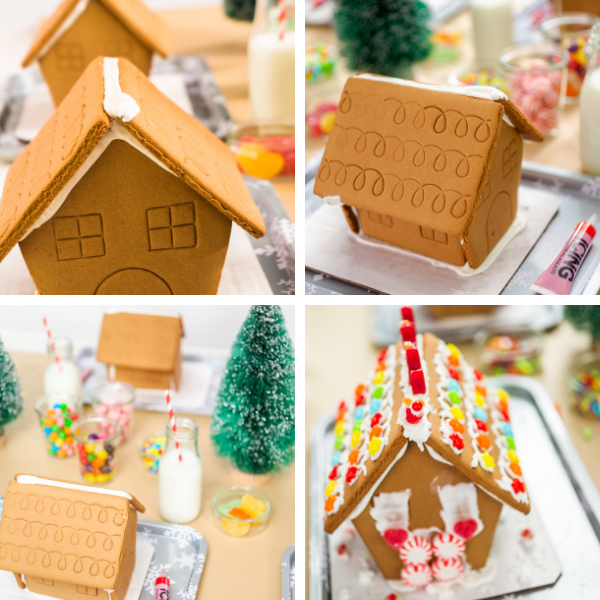 Gingerbread house making collage of 4 different images