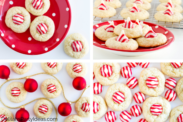 Collage of peppermint Sugar Cookies, red and white display on plates and table