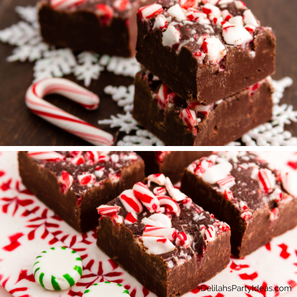 Collage of two images of Chocolate fudge with crushed candy canes on them
