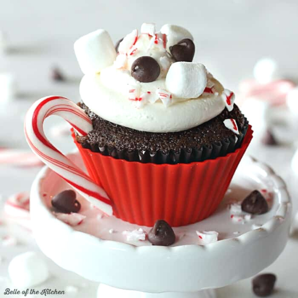 a Chocolate cupcake in a red silicone liner with marshmallow icing, choc chips and candy cane like a handle