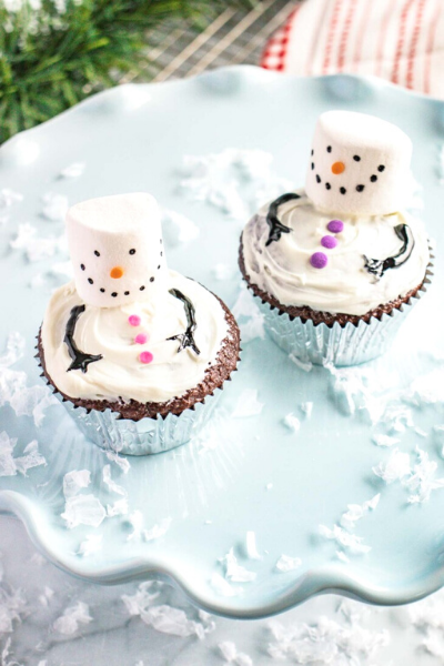 Pale Blue Place with 2 Snowman cupcakes.