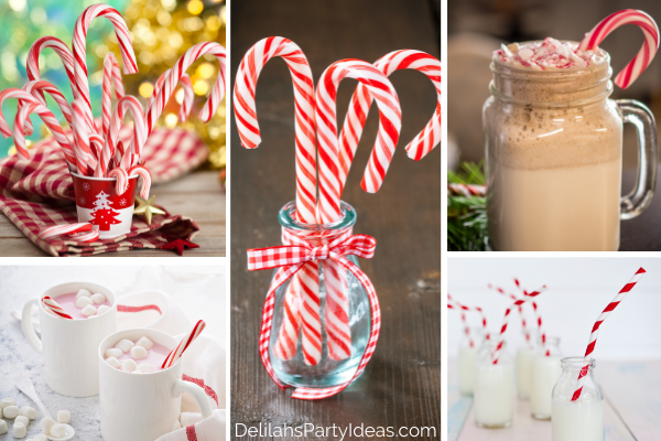 Hot chocolate with candy cane, Glass Jar with 4 Candy Canes in it and a milk bottle with red and white straw