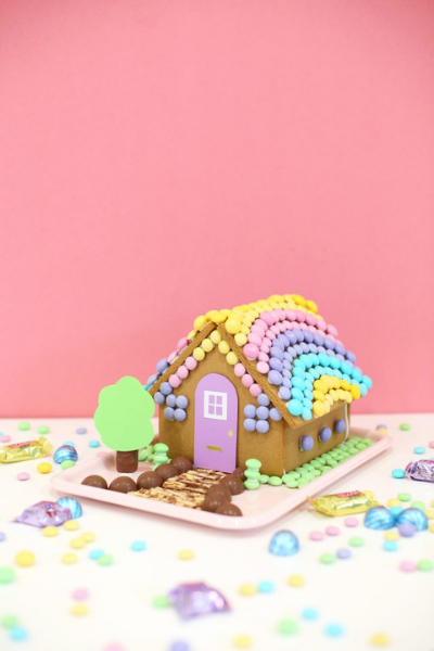 Easter Gingerbread House with pastel M & M's to cover the roof