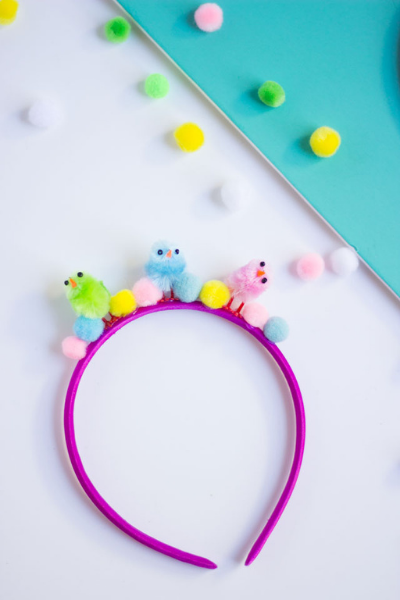 Easter Headband craft -headband with little chicks stuck on it and poms poms