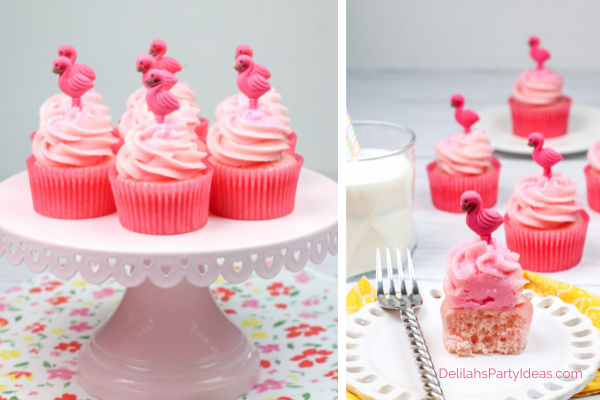 2 images of Flamingo Cupcakes, on a cake stand
