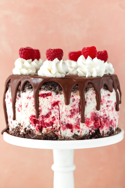 Decadent Ice cream cake with chocolate dripping down the side, with whipped cream and raspberries on top. On a white cake stand