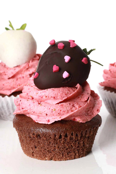 Chocolate cupcake with a chocolate strawberry on the strawberry icing