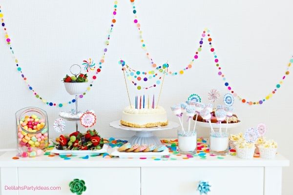 Confetti themed Party Table with Cake and sweet
