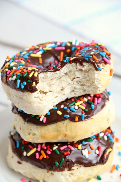 Stack of chocolate iced air fryer donuts