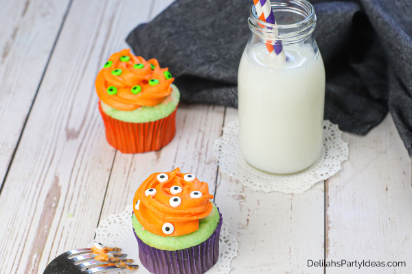 Spooky Eyes Cupcakes with a glass of milk