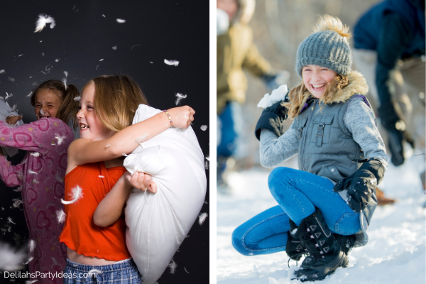 Pillow fight indoors and snowball fight outdoors