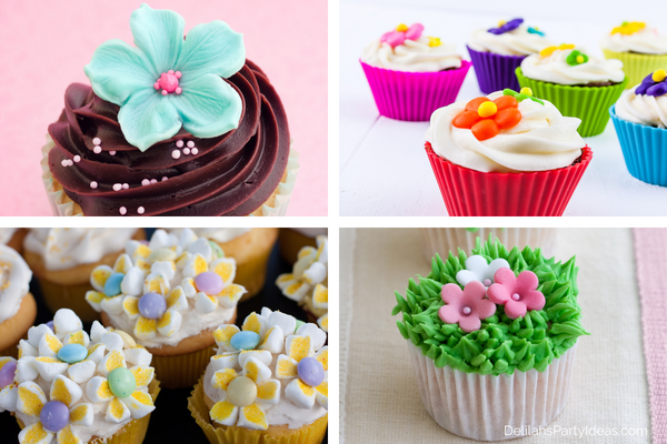 collage of 4 different flower cupcakes