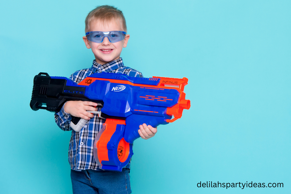 Young kids holding big nerf gun wearing safety glasses
