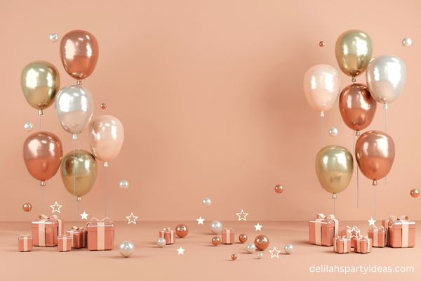 Rose Gold party backdrop with balloons