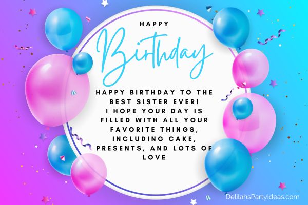 Happy Birthday Message for Sister with pink and Blue Balloons