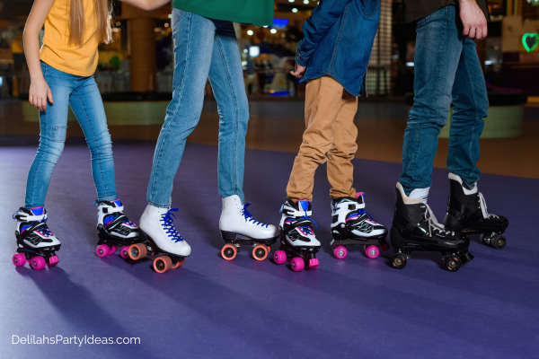 group of kids wearing roller skates at a birthday party