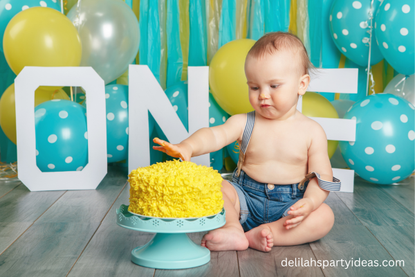 Cute baby boy celebrating first birthday
