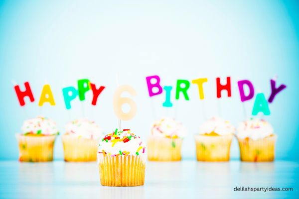 6th Happy Birthday Cupcakes on blue background