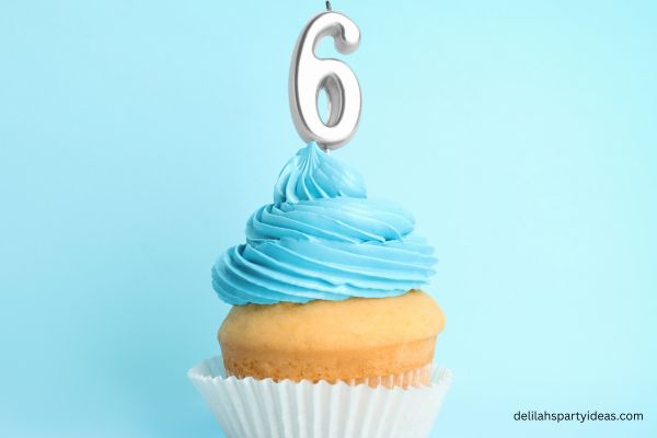 6th birthday cupcake on blue background