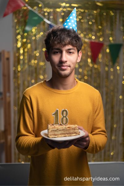18 year old birthday boy holding cake