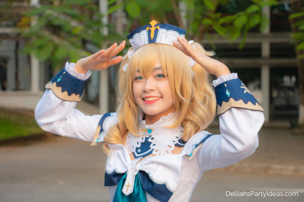 A woman wearing an anime sailor costume