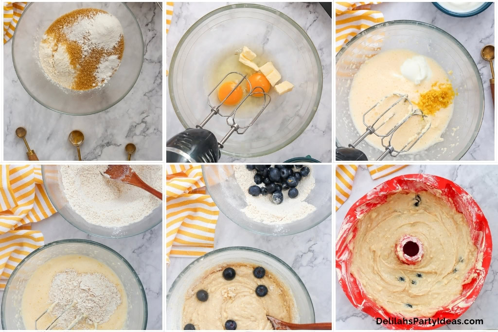 Instructions on how to make Lemon Blueberry Bundt Cake
