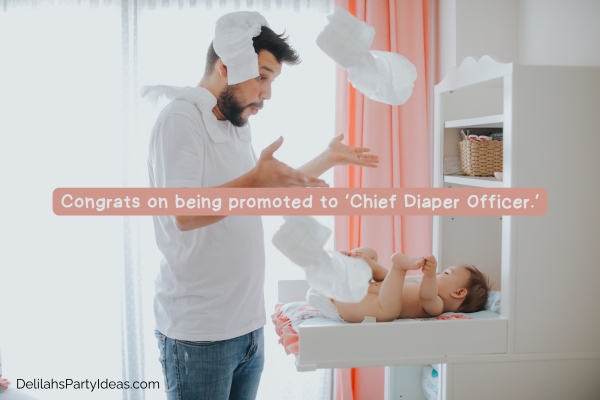 Father struggling with changing baby's diaper, with quote overlay