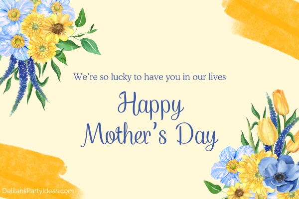 Graphics of blue and yellow flowers on borders, with quote overlay
