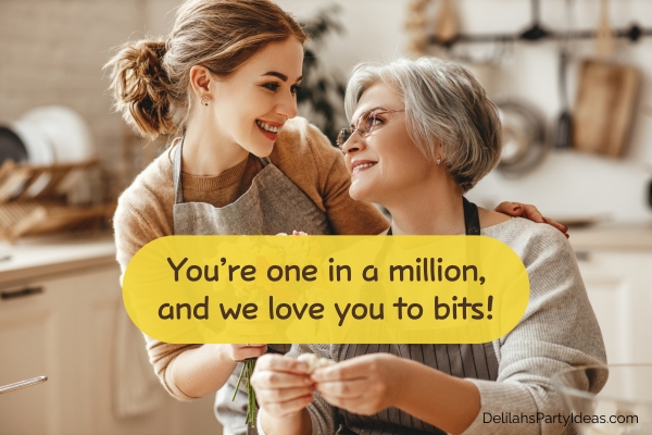 Daughter in law giving flowers to mother in law with quote overlay