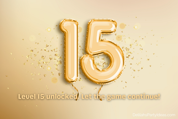 '15' gold balloons on gold confetti with birthday quote overlay