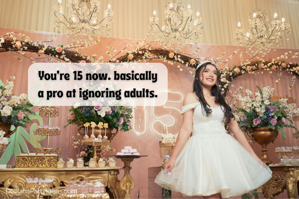 Girl celebrating her 15th birthday party with quote overlay