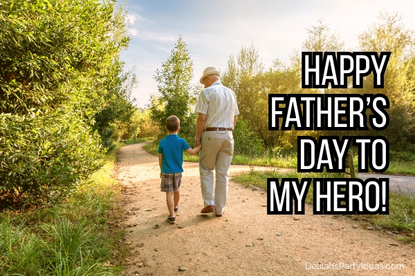Grandfather and grandson walking outside, with father's day greeting overlay