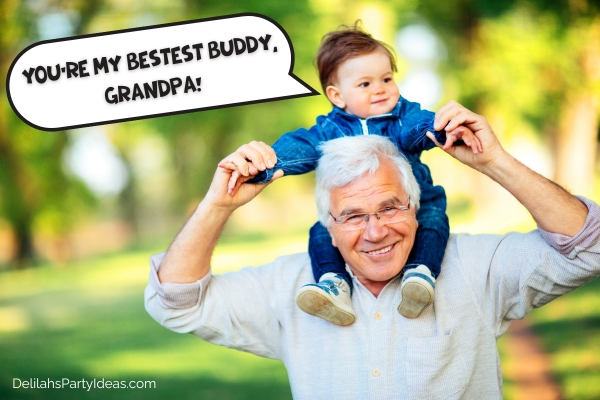 Little boy sitting on grandfather's shoulders, with father's day greeting overlay
