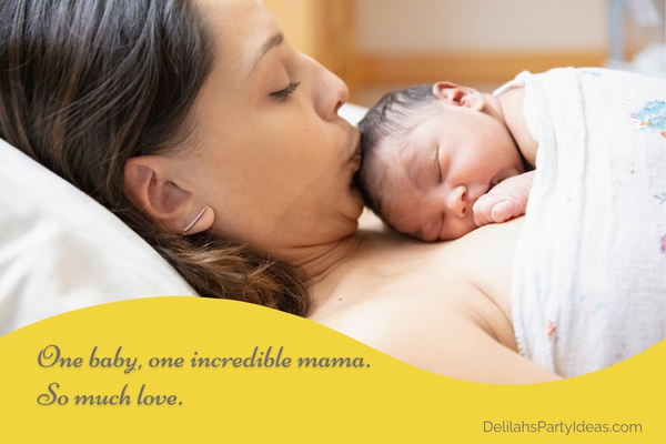 Newborn baby on mother's chest, with quote overlay