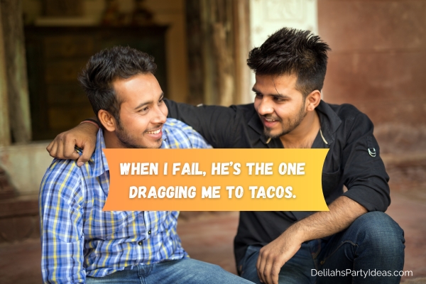 2 male best friends laughing, with quote overlay