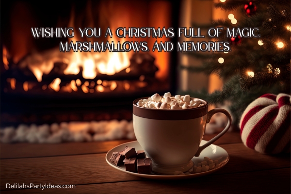 Hot cocoa topped with marshmallows, fireplace and Christmas tree in the background, with quote overlay