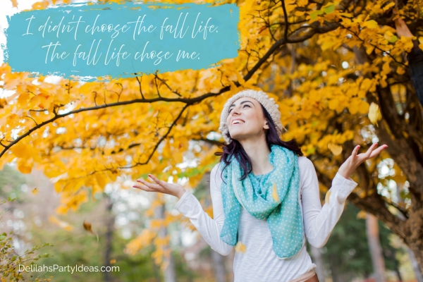 Woman enjoying fall in park, with quote overlay
