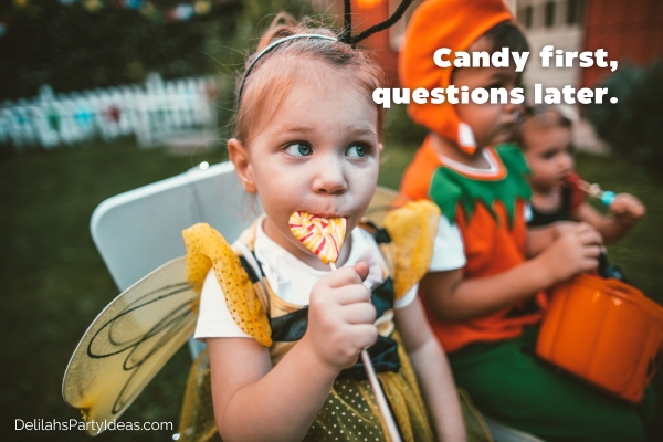 LIttle girl in costume licking on a lollipop, with quote overlay
