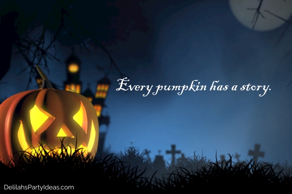 Jack-o'-lantern in spooky background with quote overlay