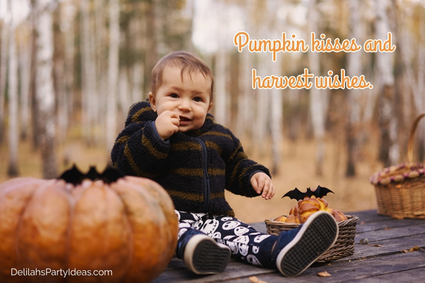 Toddler sitting beside a big pumpkin, with quote overlay