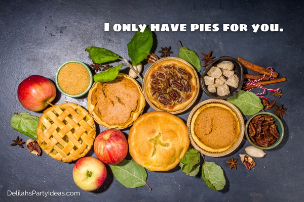 Assorted autumn pies like apple, pumpkin, pecan, etc. with quote overlay