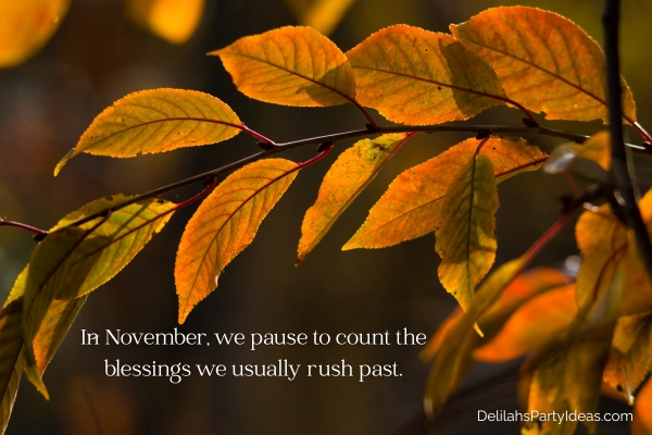 Close up of cherry leaves in November fall, with quote overlay