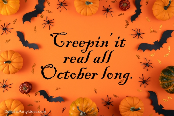 Orange Halloween background of pumpkins, bats, with quote overlay