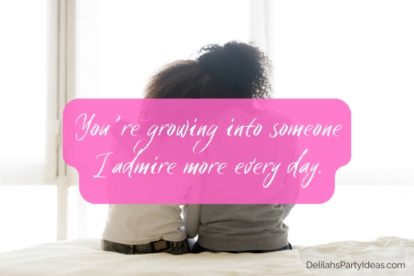 mother and daughter sitting side by side on the bed with quote overlay