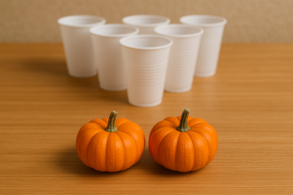 plastic cups and  mini pumpkins for turkey bowling game